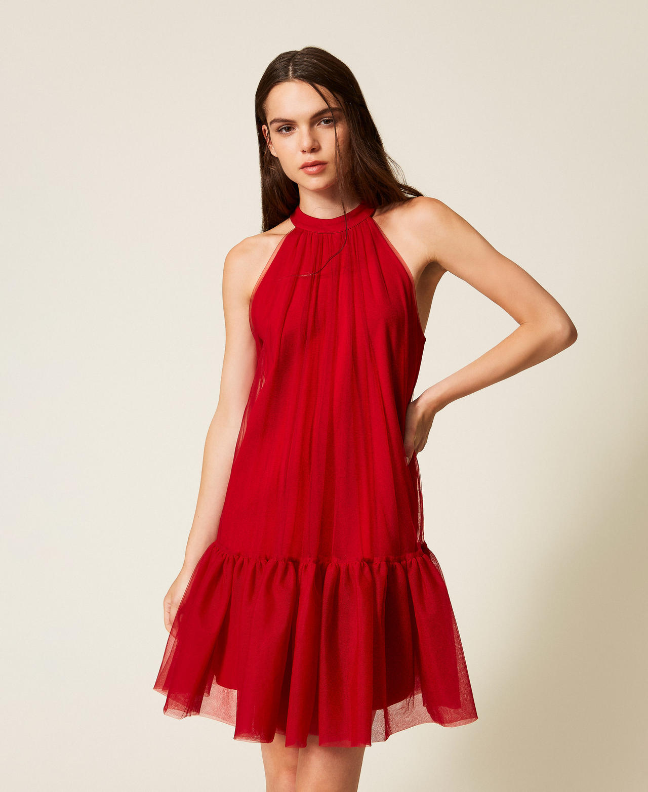 Short tulle dress with flounce Cherry Red Woman 252AT2091_00034_01