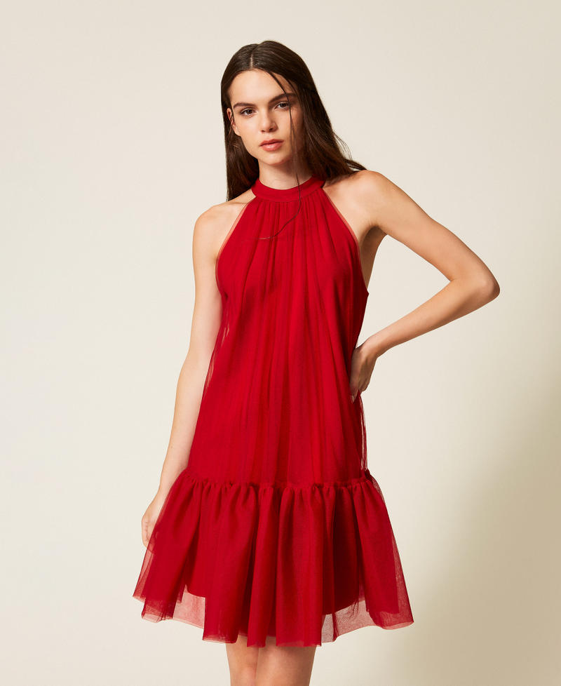 Short tulle dress with flounce Cherry Red Woman 252AT2091_00034_01