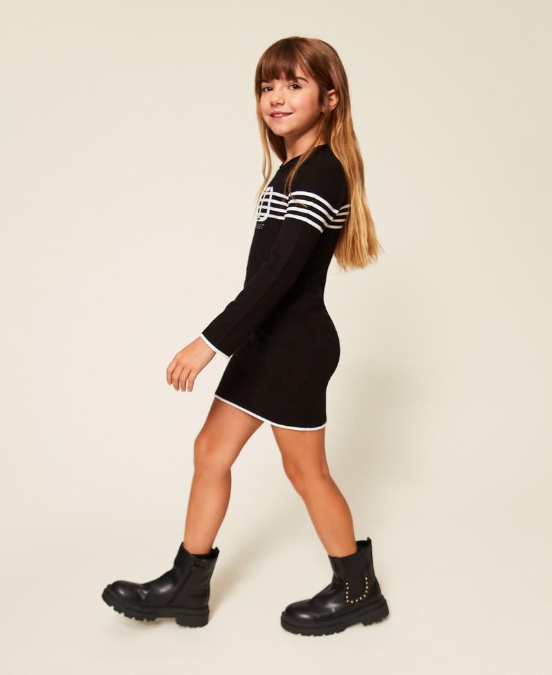 Girls' short dress with stripes and Oval T Black/Off White Girl 252GB309B_12732_02