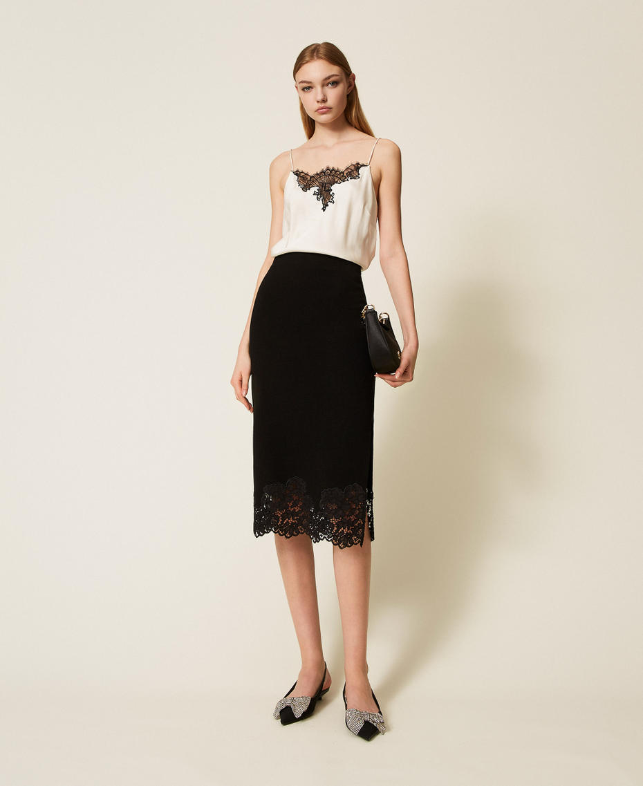 Satin and lace top Bicolour Mother-of-pearl White / Black Woman 252TP2391_06559_T0