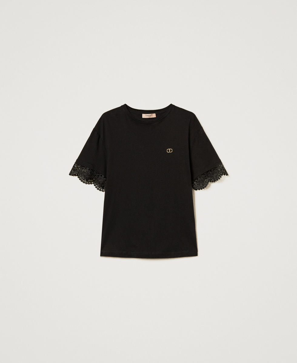 T-shirt con maniche in pizzo Nero Donna 251TT2410_00006_S0