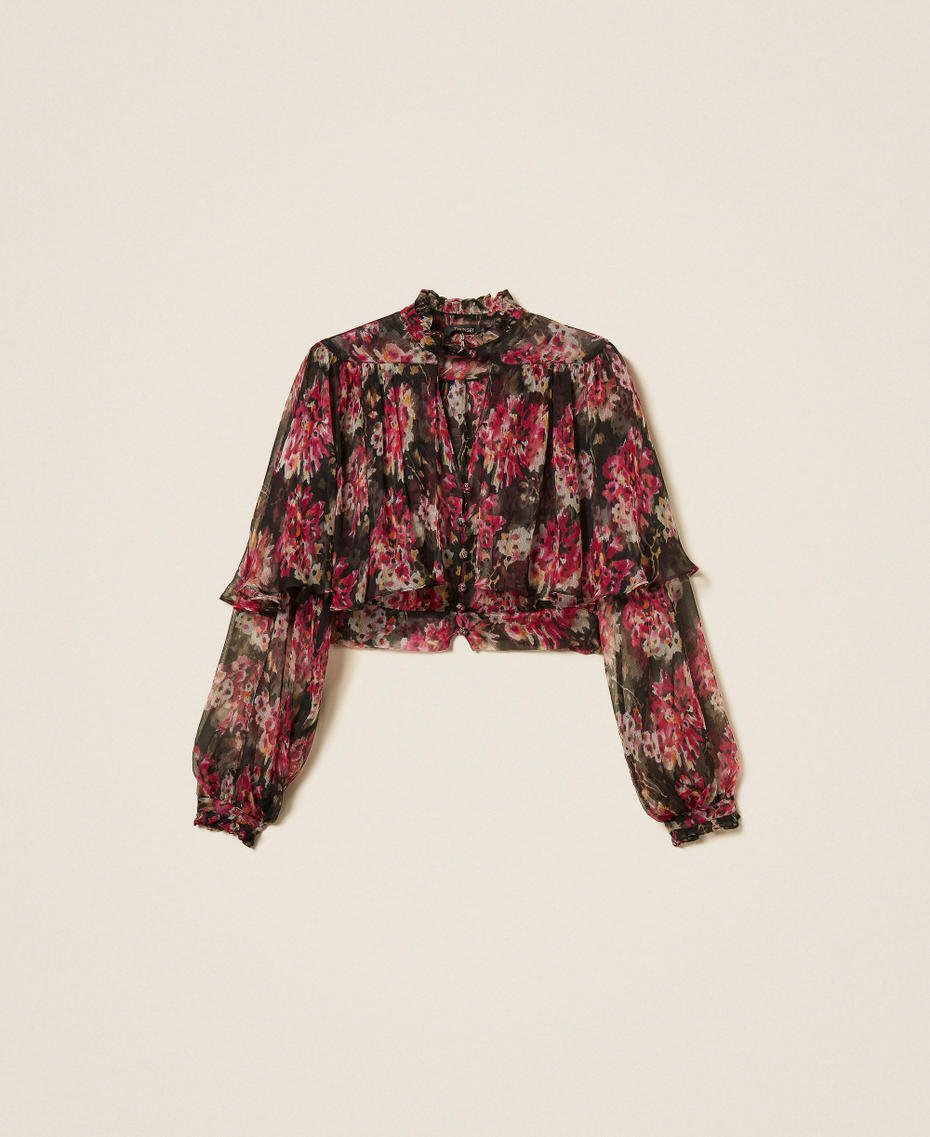 Silk creponne floral shirt Black/Magenta Floral Print Woman 252TS2351_13099_S0