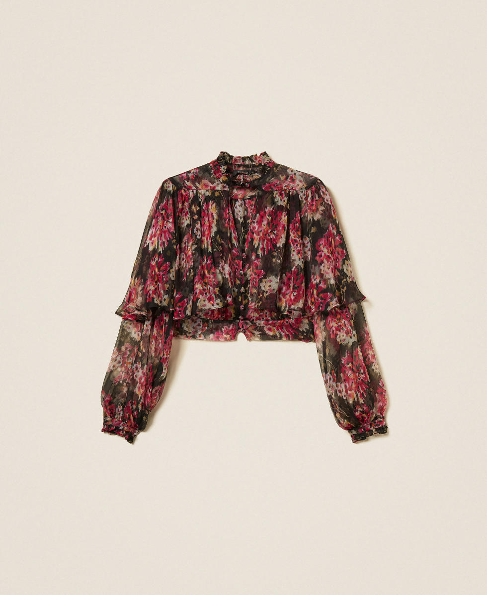 Hemdbluse aus Seidenkrepon mit floralem Dessin
