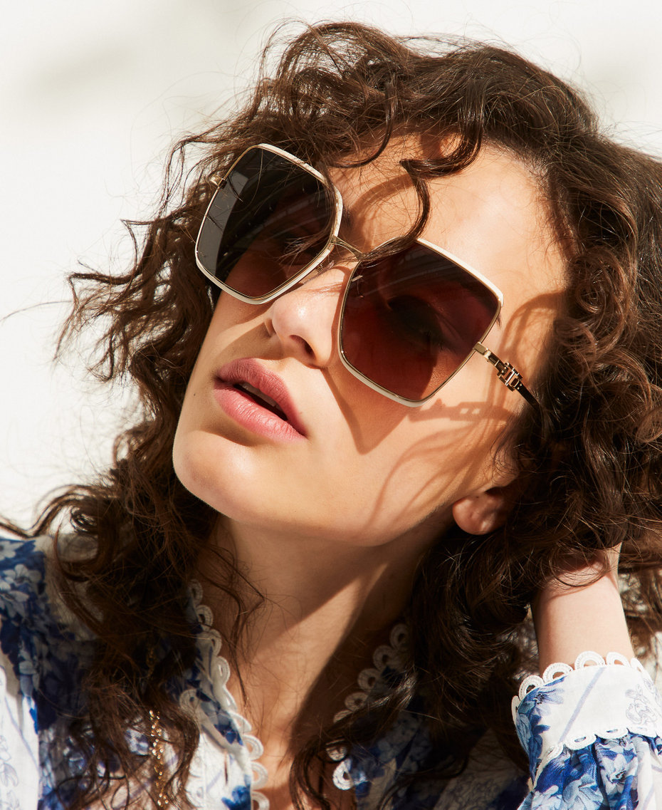 Square-shaped metal sunglasses Shiny Gold with Ivory Rims Woman 999TZ5098_14165_T0