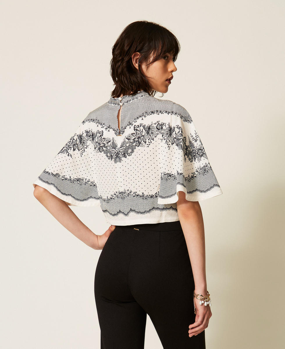 Blouse en satin jacquard floral avec pois Imprim&eacute; Dentelle et Fleurs Noir/Nacre Femme 262TP267A_13947_03