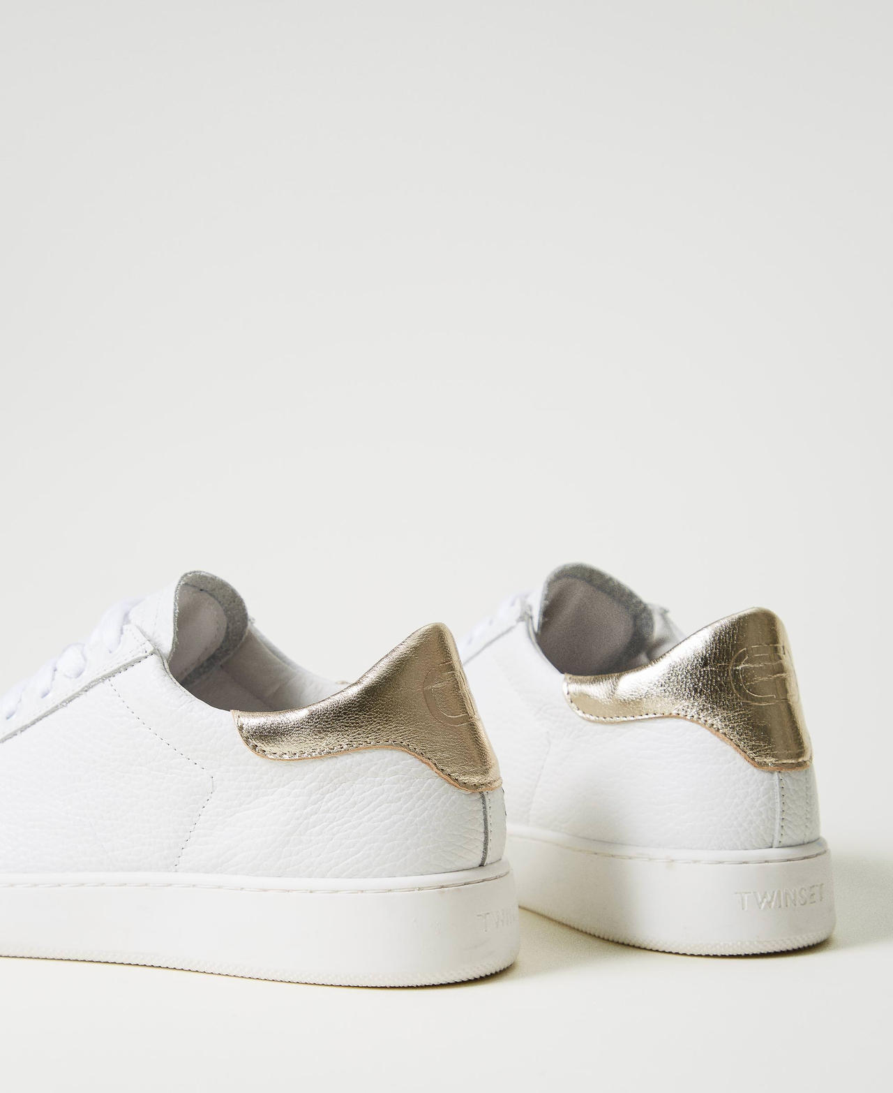Leather trainers with laminated detail Two-tone Optical White / Gold Woman 251TCP048_07049_03