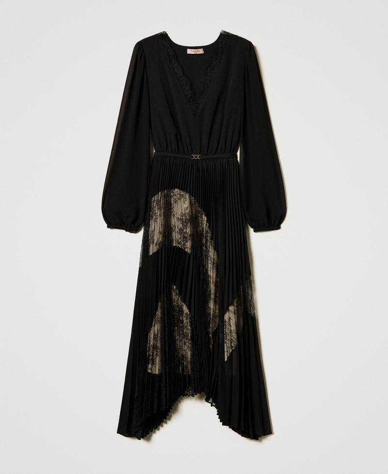 Long pleated georgette dress with lace Black Woman 251TP2780_00006_S0
