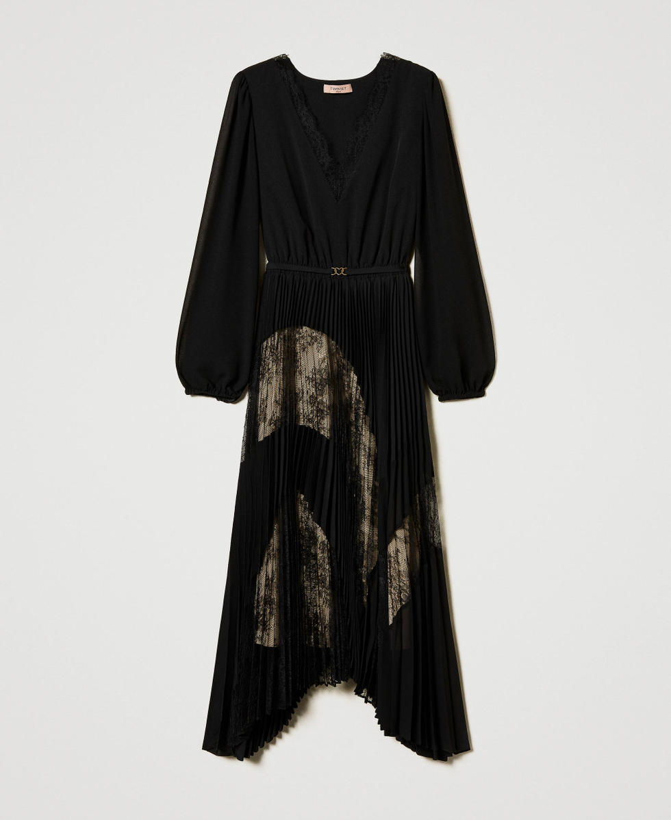Abito lungo in georgette pliss&eacute; con pizzo Nero Donna 251TP2780_00006_S0