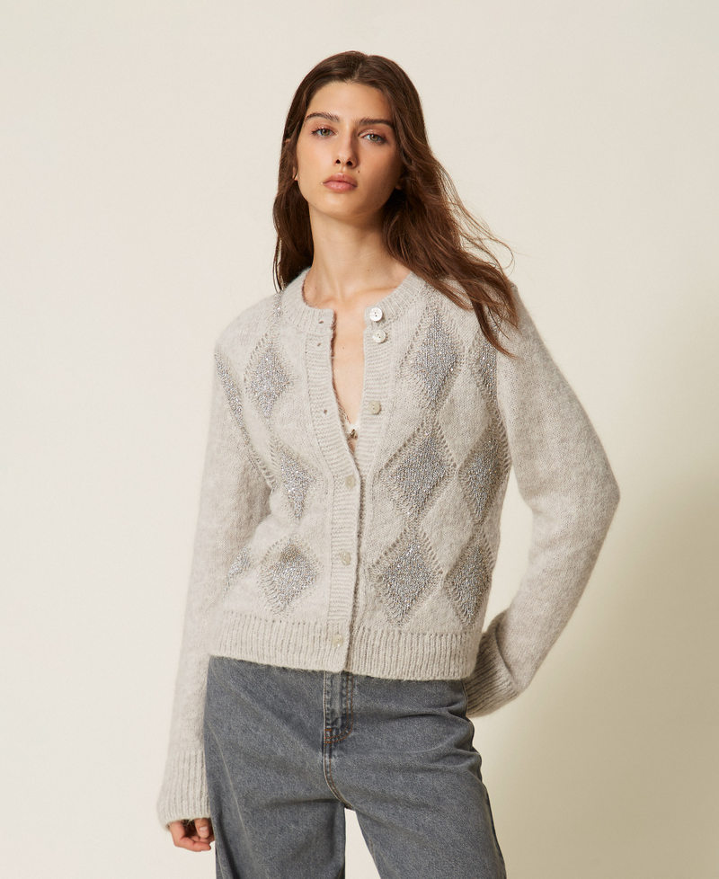 Jacquard diamond cardigan with sequins Light Grey Melange Woman 262TT3170_12837_01