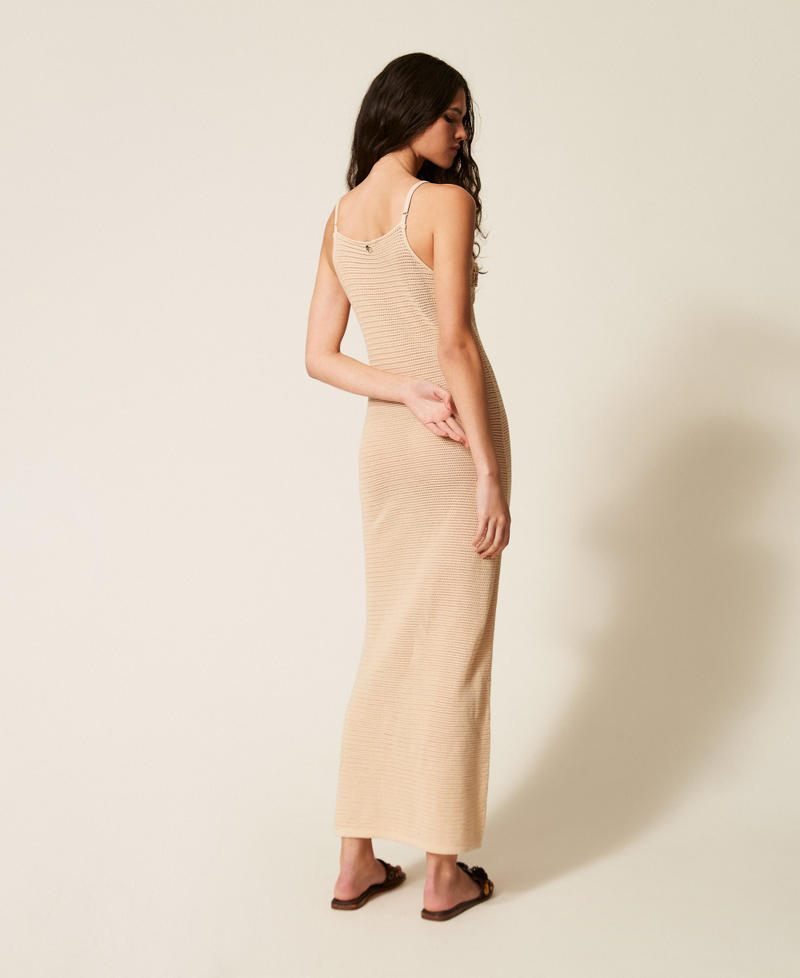 Langes Strickkleid im Netz-Dessin &bdquo;Cashew&ldquo;-Beige Frau 261AT3020_13362_03