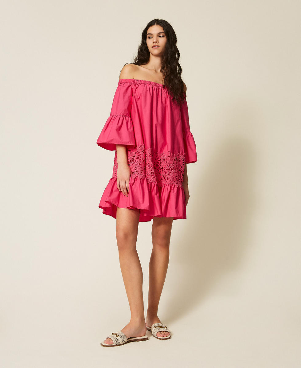 Caftano corto in popeline con macram&egrave; Fuchsia Cyclamen Donna 261LB2AEE_13188_02