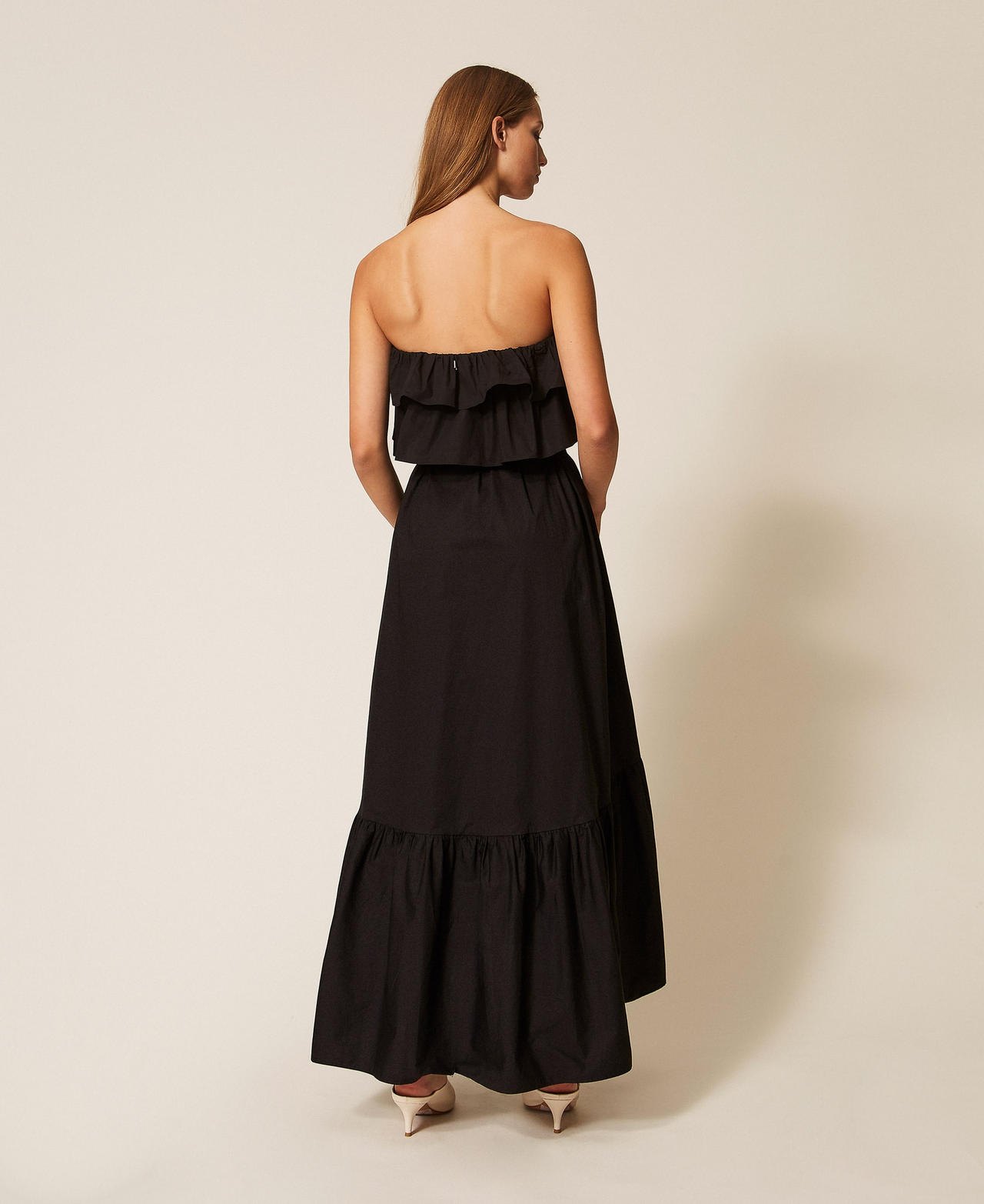 Off-shoulder long poplin dress Black Woman 261AP2133_00006_02