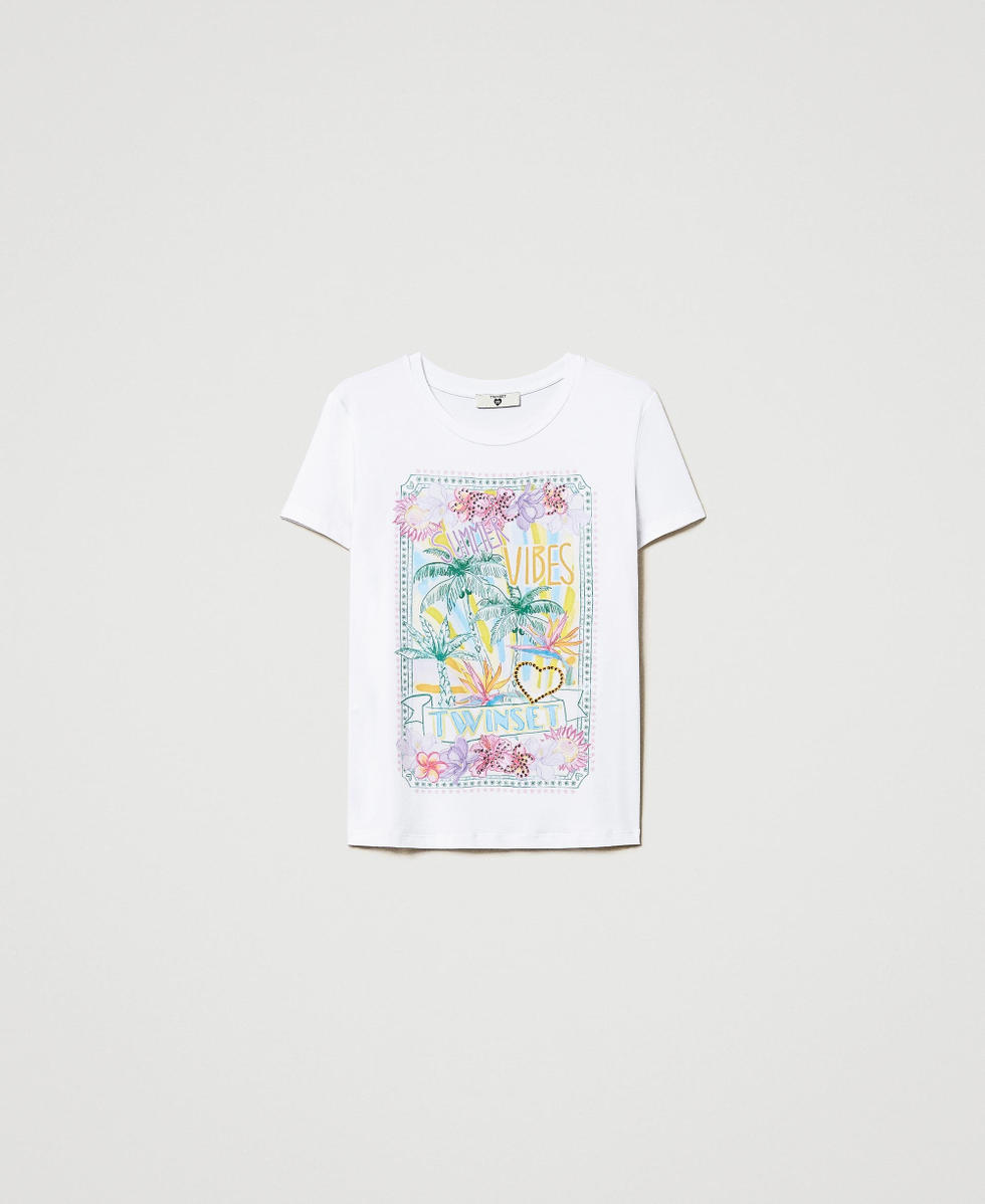 Printed T-shirt with rhinestone heart Mother Of Pearl Woman 251LB2WCC_00059_S0
