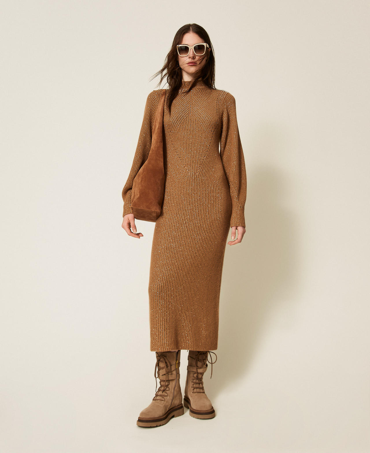 Long wool and lurex blend knit dress Two tone Alpaca Brown/Alpaca Lurex Woman 252TT3460_13013_01