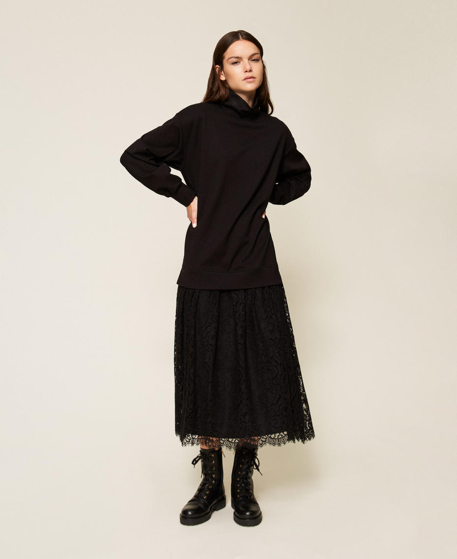 Fleece and lace midi dress Black Woman 252LL2JEE_00006_01