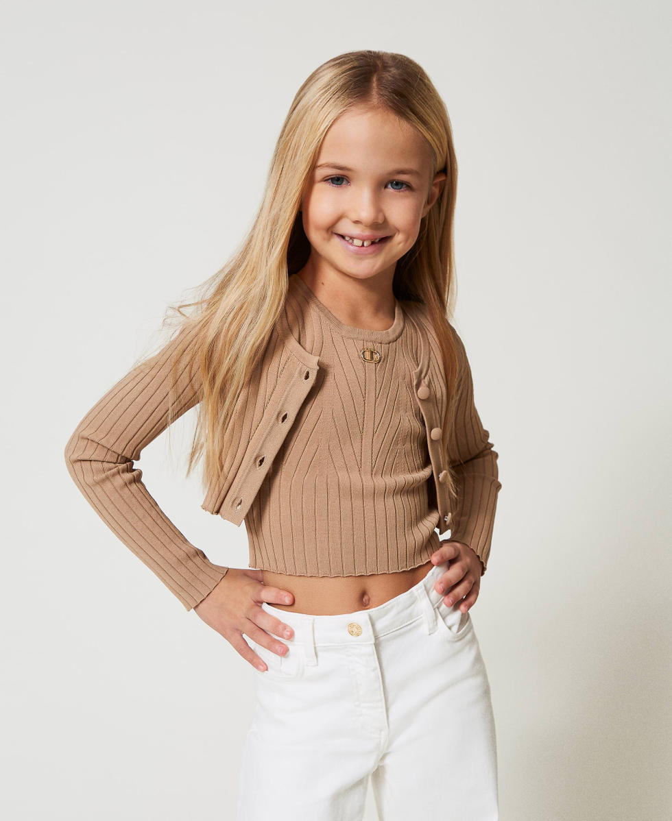 Gerippter Cropped-Cardigan mit Oval T Beige Hanf M&auml;dchen 251GJ3405_00310_01
