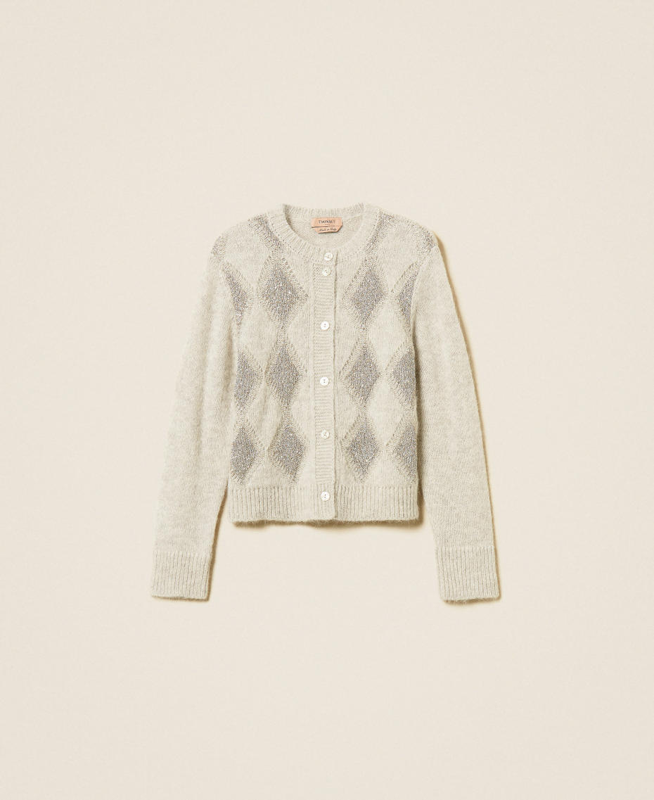 Jacquard diamond cardigan with sequins Light Grey Melange Woman 262TT3170_12837_S0