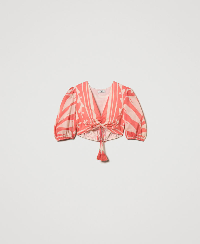 Cropped top in printed muslin Coral Sun/Almond Beige Foulard Print Woman 251LM2BCC_12381_S0