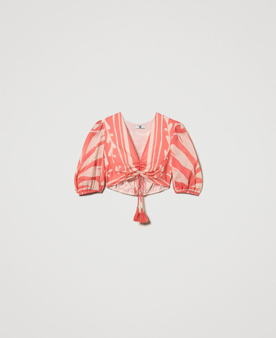 Cropped top in printed muslin Coral Sun/Almond Beige Foulard Print Woman 251LM2BCC_12381_S0