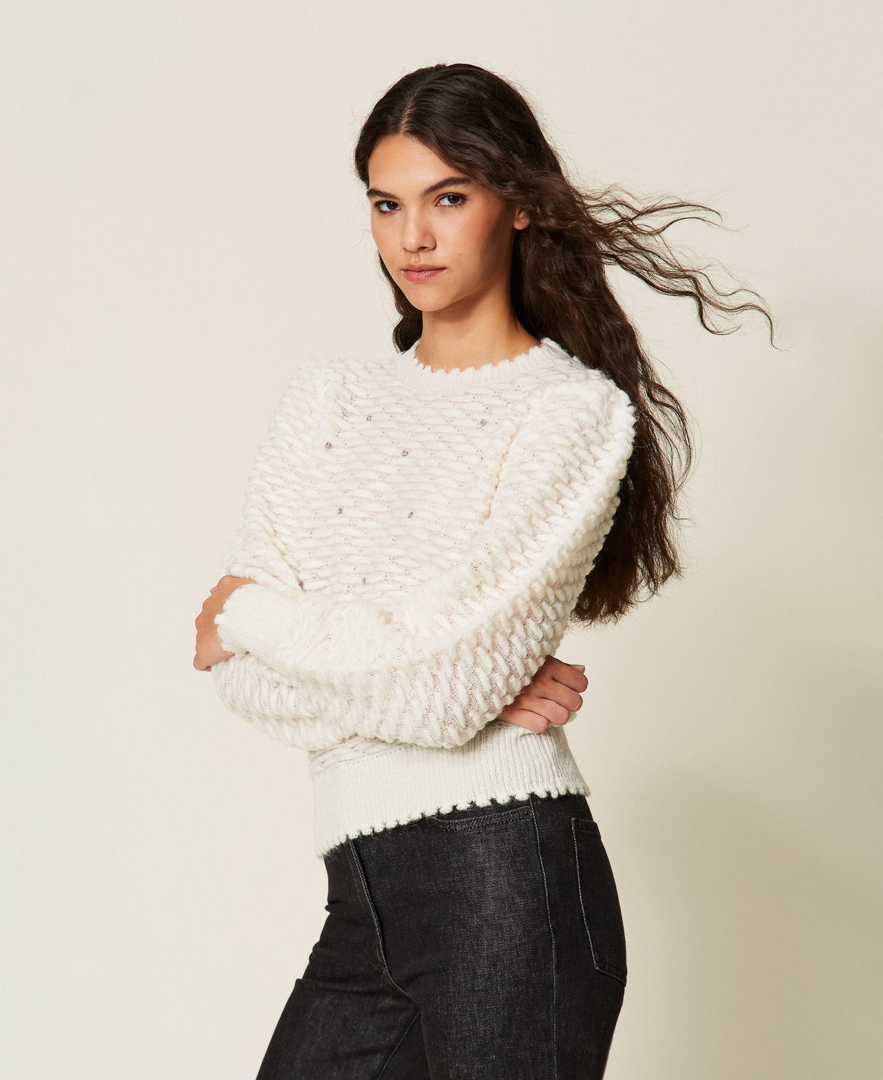TWINSET - Pull en fil avec broderie, Femme, Blanc Neige, M