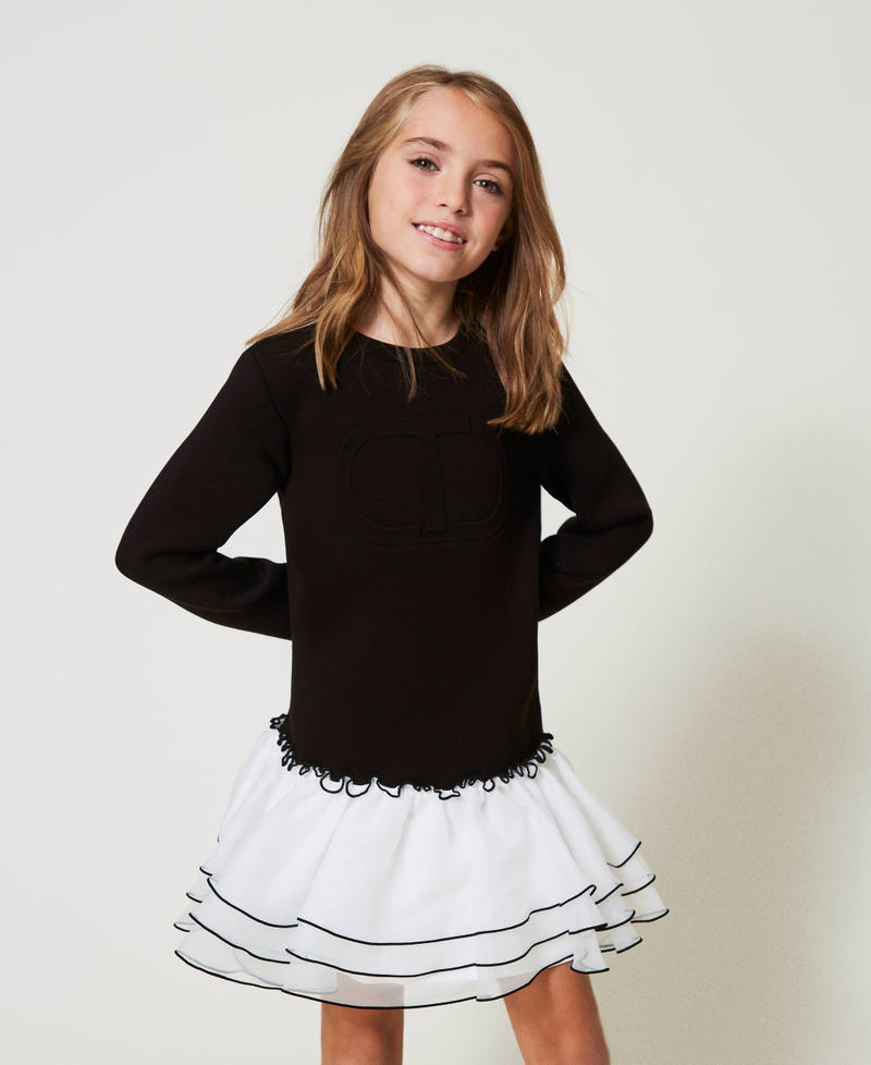 Short scuba fabric and organza dress Bicolour Black / Off White Girl 242GJ2021_02714_01