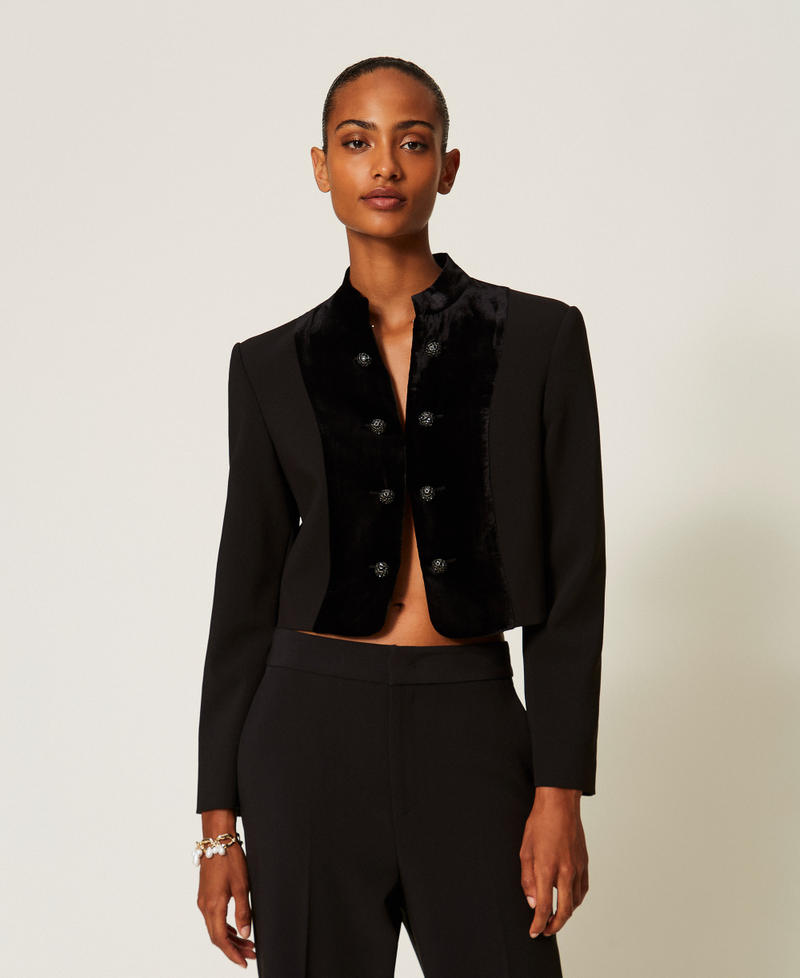 Spenzer-Jacke aus Cr&ecirc;pe und Samt Schwarz Frau 262TT2422_00006_01