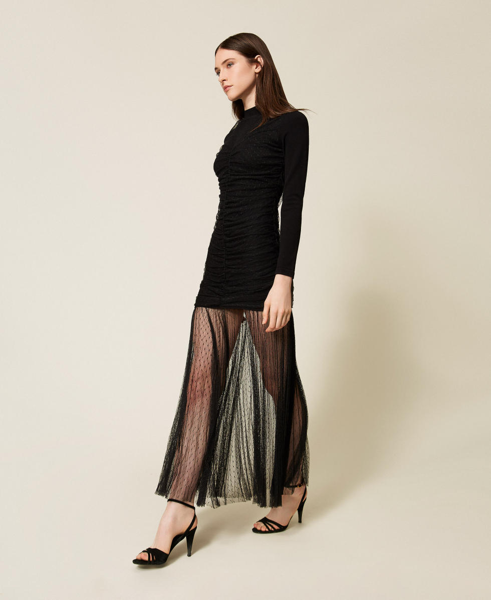 Long knit dress with tulle Woman, Black | TWINSET Milano