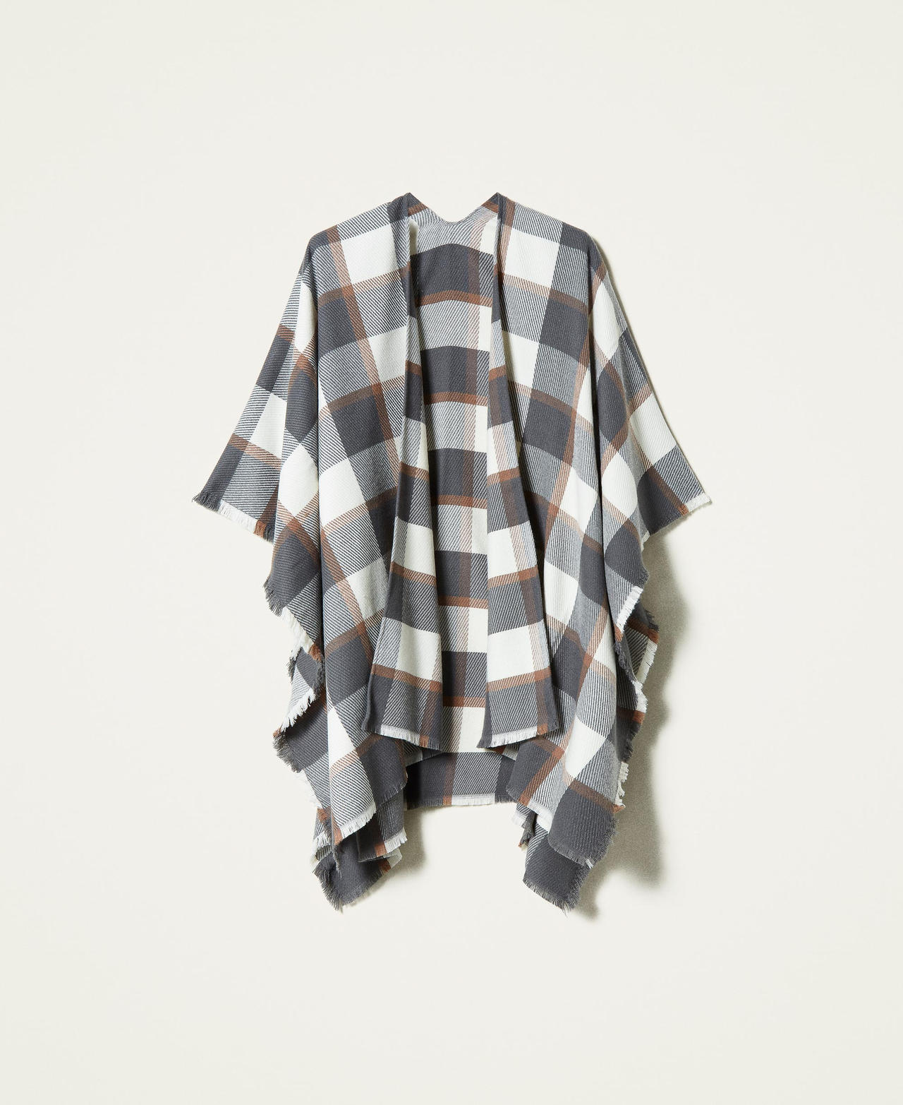 Jacquard chequered wool cloth poncho Grey Marl / &ldquo;Milk&rdquo; White Check Woman 212AA4062-0S