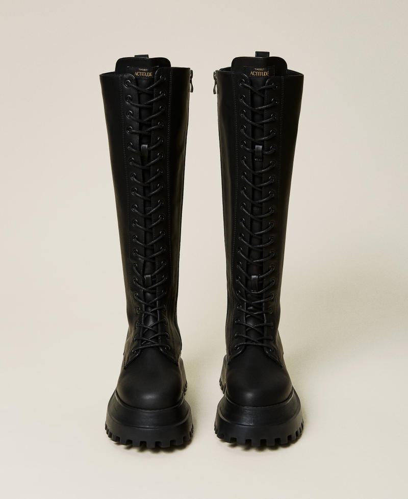 Lace up combat boots with thick sole Black Woman 212ACT040-06