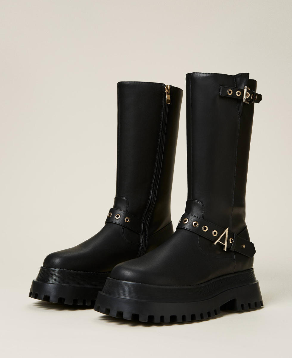 Biker boots with straps Woman, Black | TWINSET Milano Biker boots with straps Woman, Black | TWINSET Milano