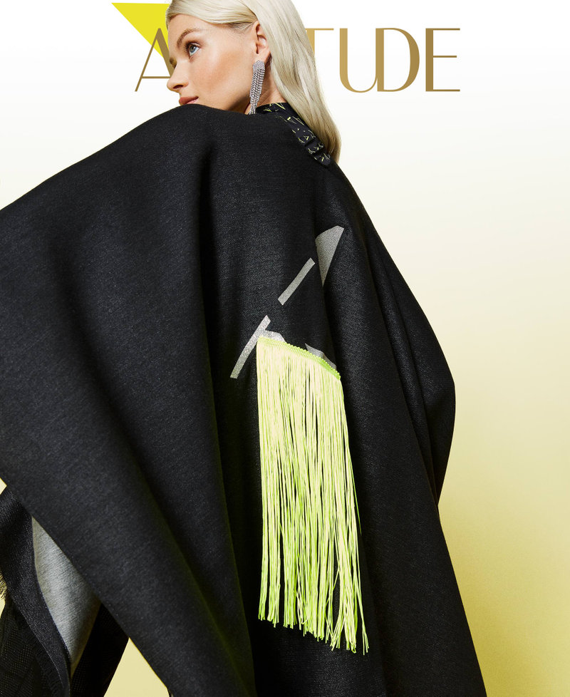 Wool poncho with logo and fringes. Black Woman 212AO5345-01