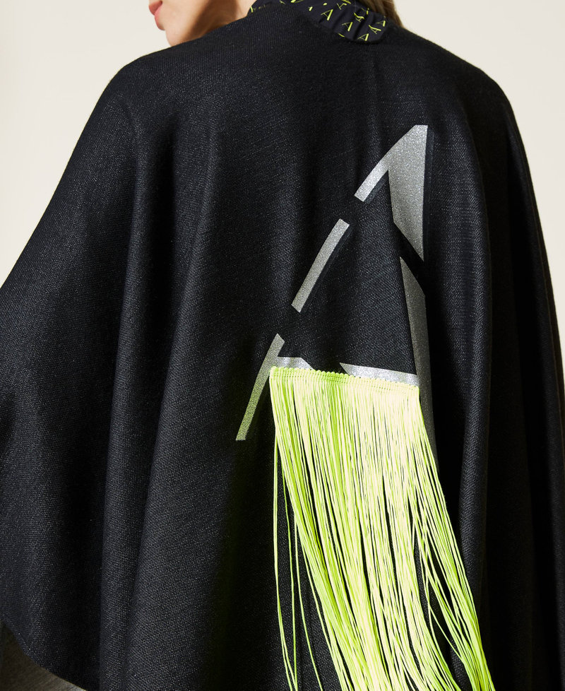 Wool poncho with logo and fringes. Black Woman 212AO5345-05