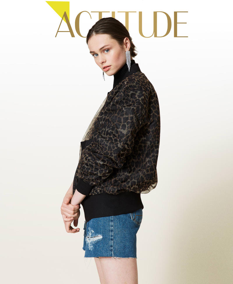 ‘Silver’ bomber jacket made of satin doubled with tulle Leopard Print Woman 212AP2043-01