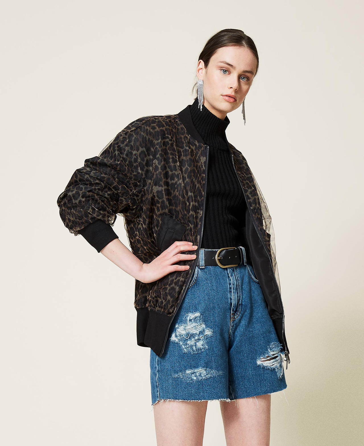 Bomber 'Silver' in raso doppiato in tulle Stampa Leopardo Donna 212AP2043-02