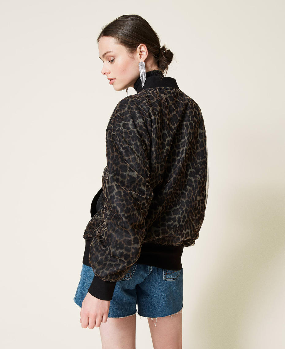 ‘Silver’ bomber jacket made of satin doubled with tulle Leopard Print Woman 212AP2043-04
