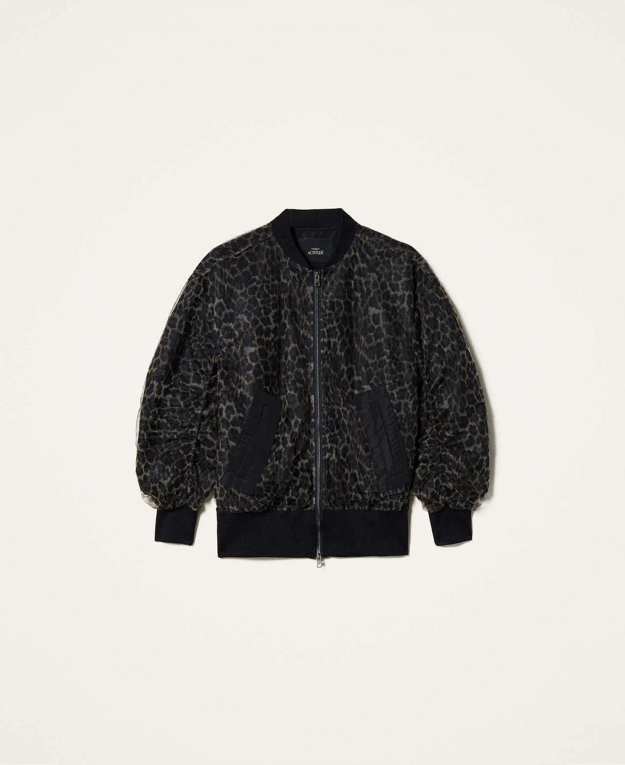 ‘Silver’ bomber jacket made of satin doubled with tulle Leopard Print Woman 212AP2043-0S