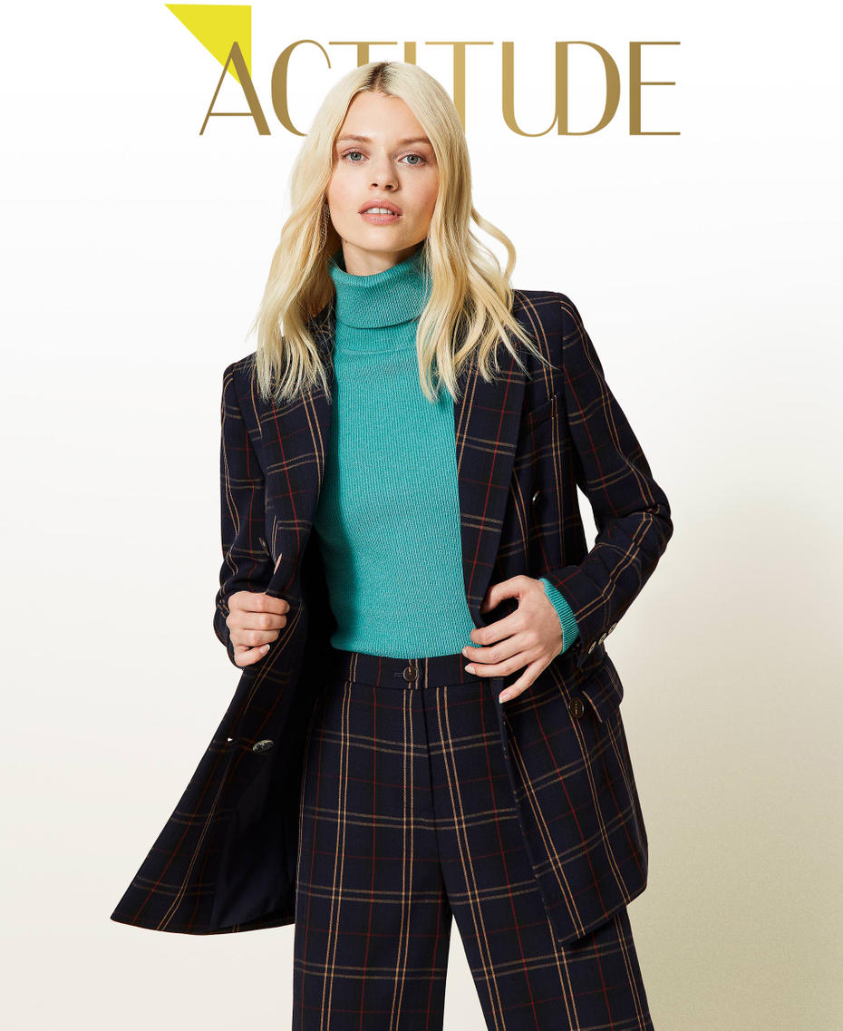 &lsquo;Emerald&rsquo; double breasted blazer &ldquo;Nautical&rdquo; Blue Check Jacquard Woman 212AP2077-01