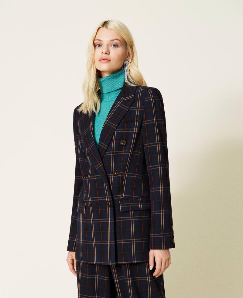 &lsquo;Emerald&rsquo; double breasted blazer &ldquo;Nautical&rdquo; Blue Check Jacquard Woman 212AP2077-03