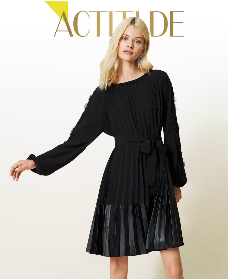 Vestido de crep&eacute; de China plisado con encaje Negro Mujer 212AP2082-01