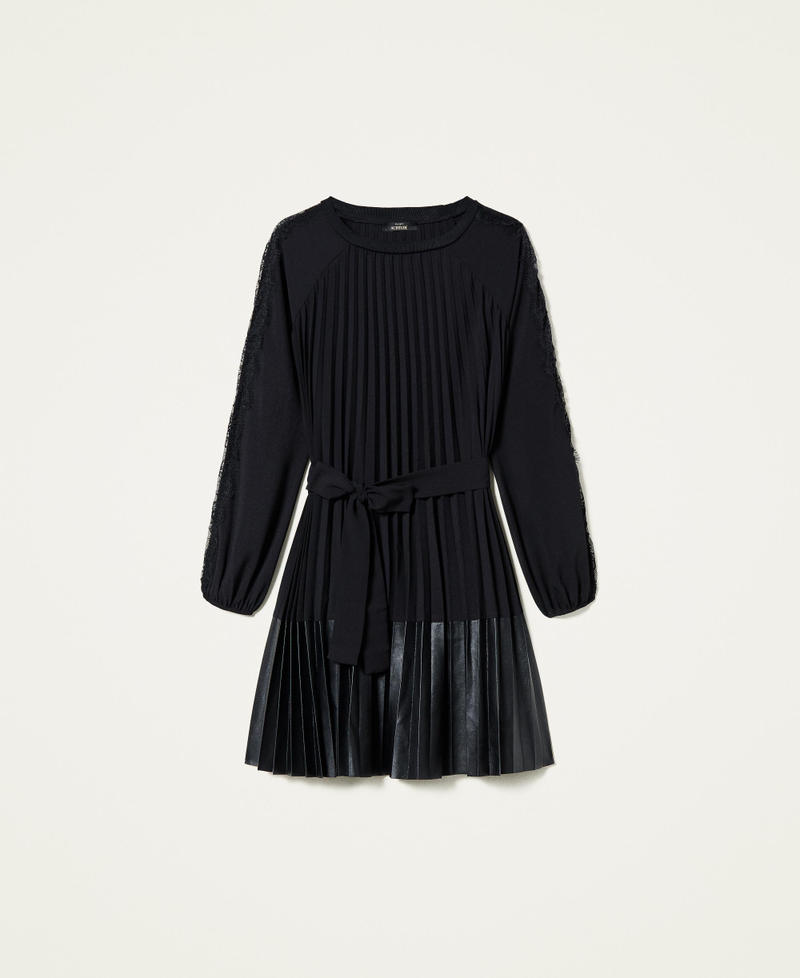 Vestido de crep&eacute; de China plisado con encaje Negro Mujer 212AP2082-0S