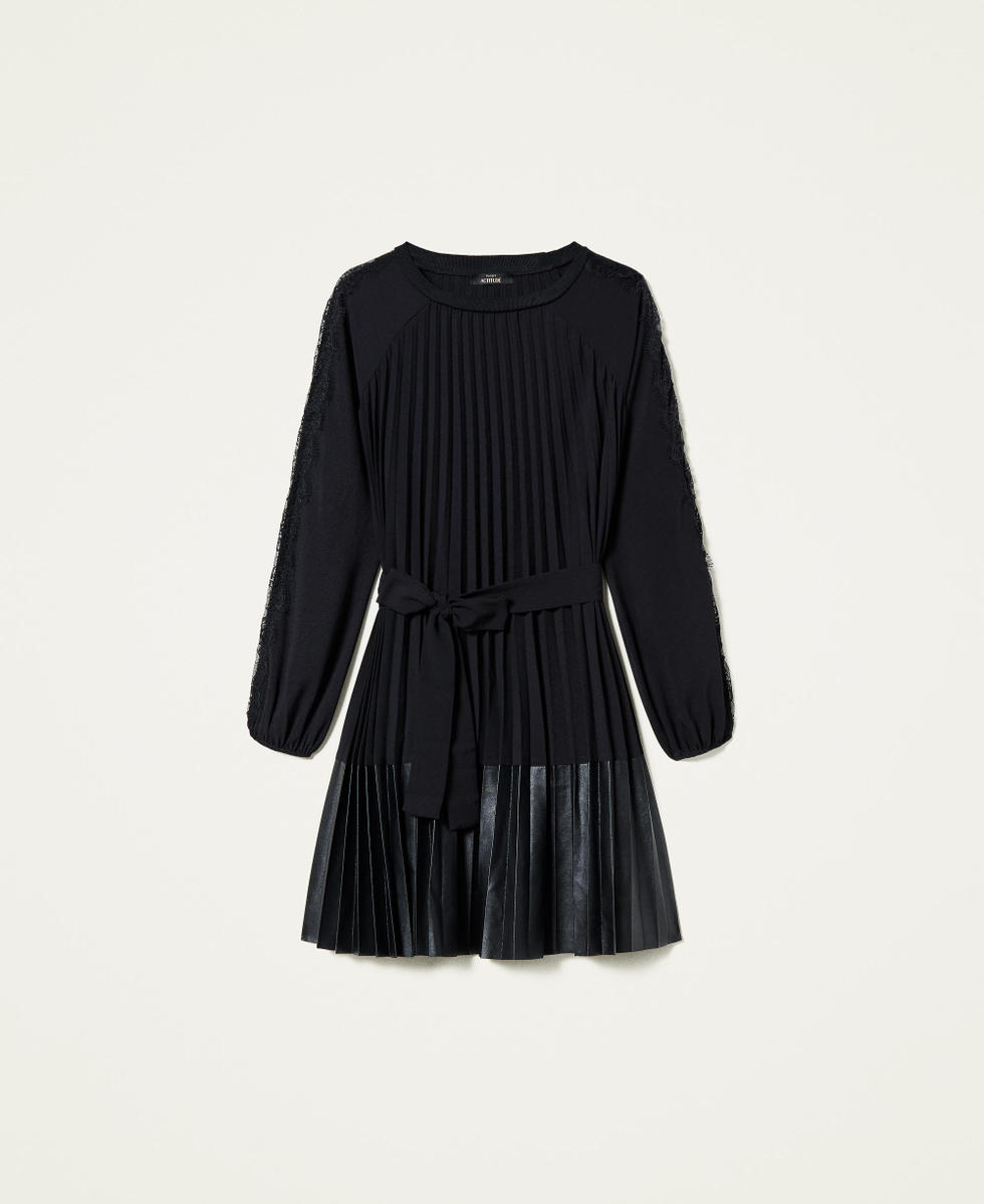 Pleated crpe de Chine dress with lace Woman, Black | TWINSET Milano