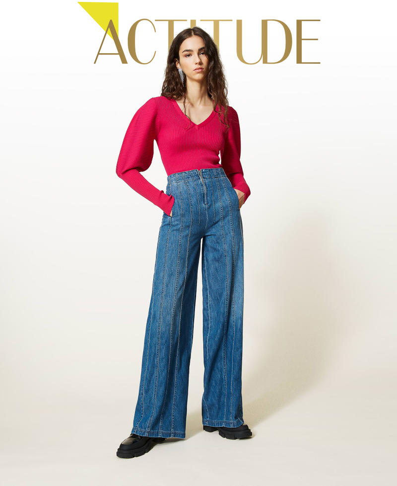 Jeans wide leg 'Mica' con impunture Blu "Denim Medio" Donna 212AP217B-01