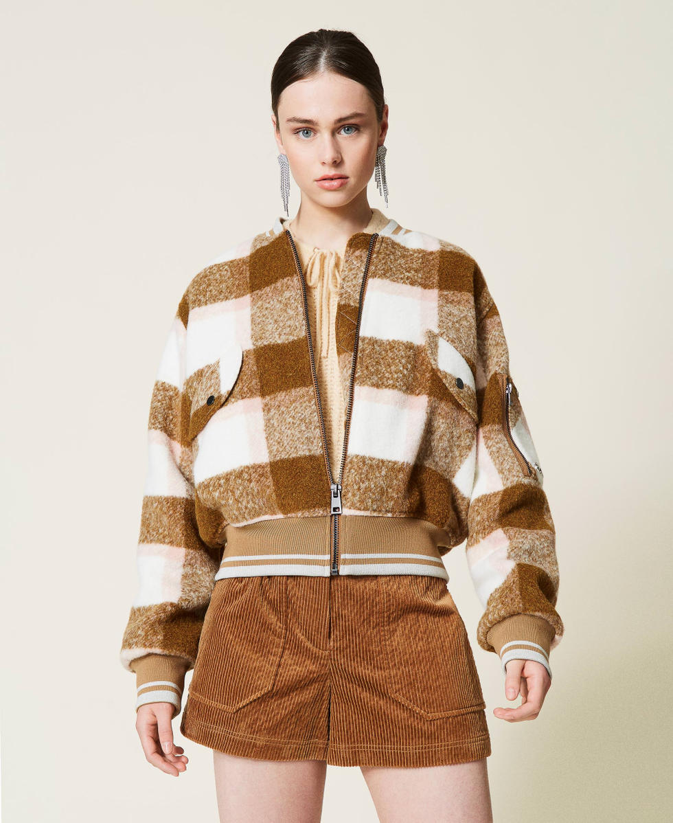 'Beryl' bomber jacket with check pattern Rose Smoke /&rdquo;Panama&rdquo; Brown Check Woman 212AP2191-02