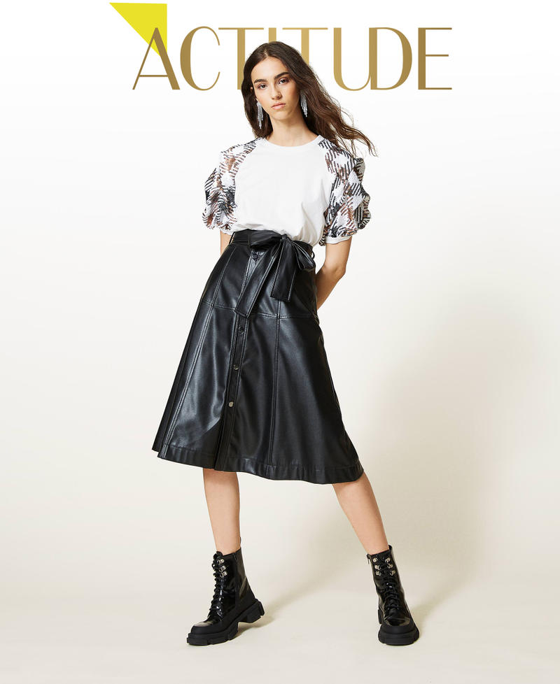 Jupe mi-longue en tissu enduit Noir Femme 212AP2266-01