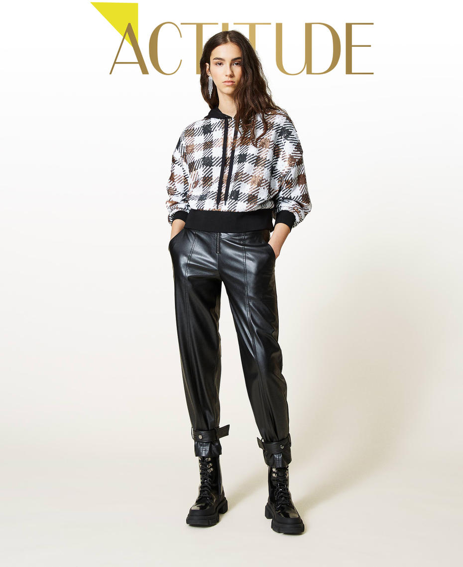 Coated fabric trousers with straps Black Woman 212AP2268-01