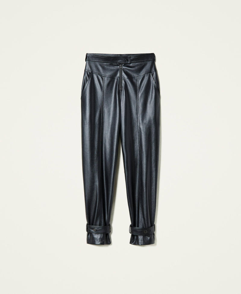Coated fabric trousers with straps Black Woman 212AP2268-0S