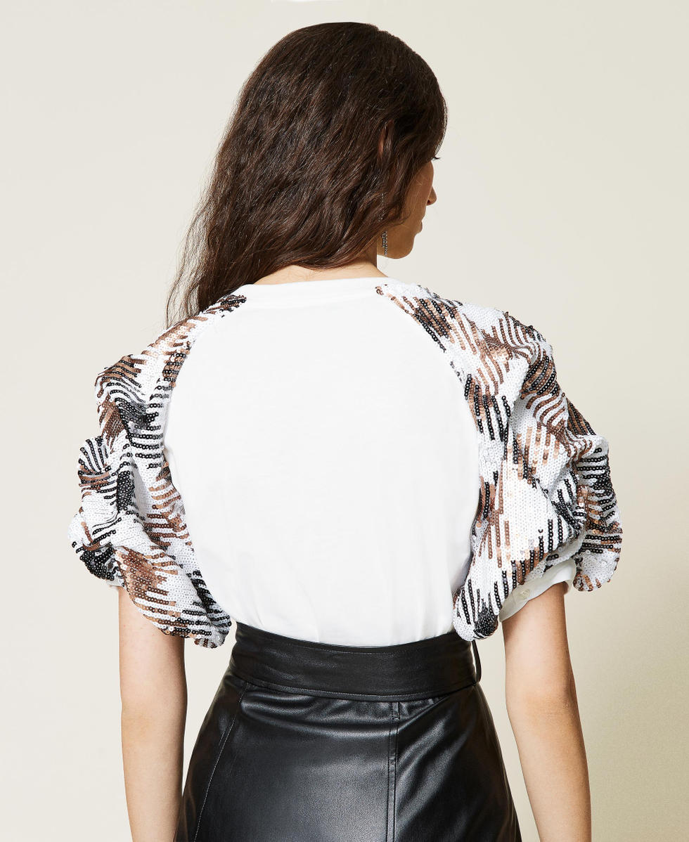 Camiseta con mangas de lentejuelas de cuadros Mujer Estampado