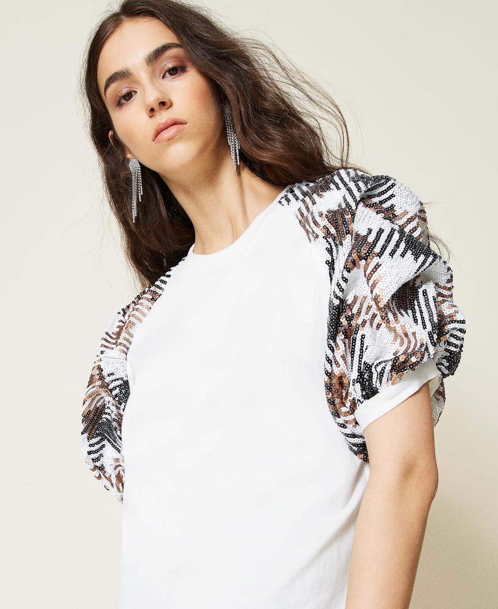 T shirt with check full sequin sleeves Woman Patterned TWINSET