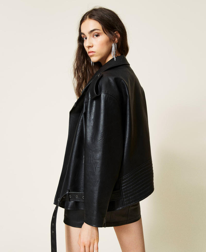 Biker jacket with belt Black Woman 212AP2370-03