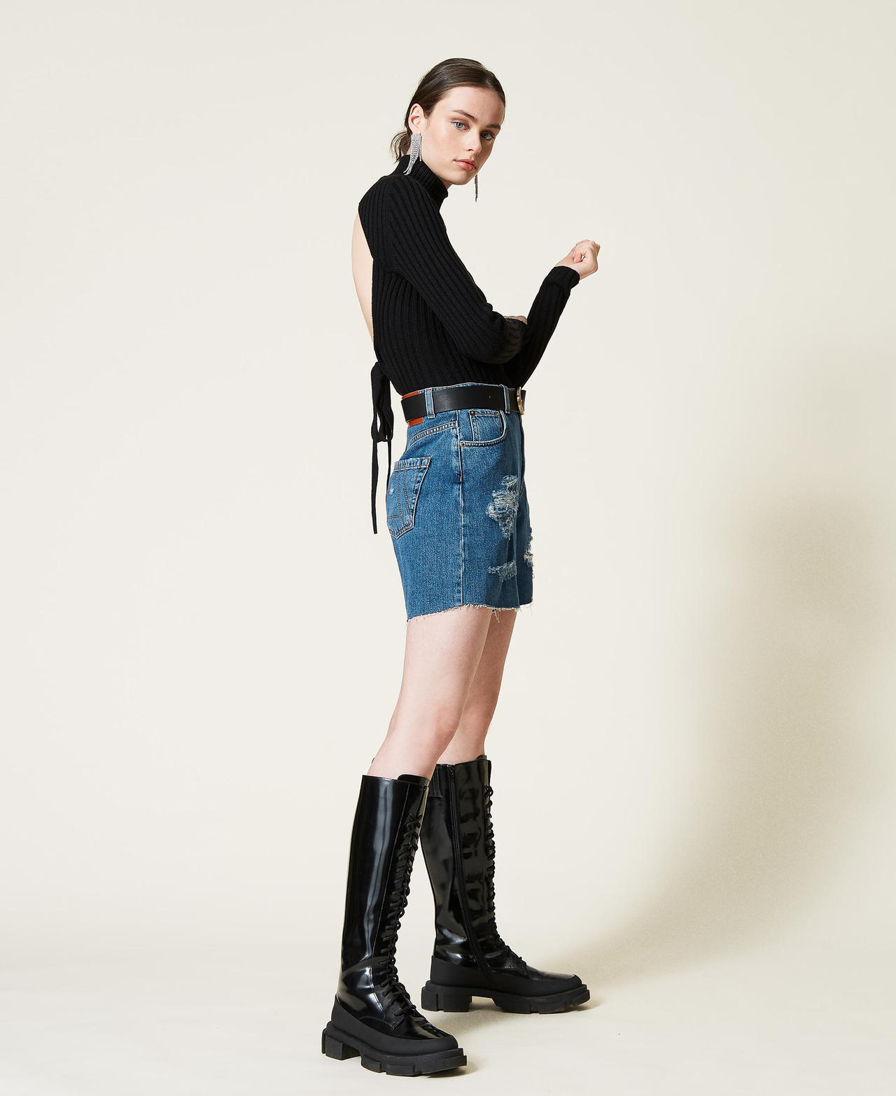 Short en jean avec accrocs Bleu "Denim Moyen" Femme 212AP2380-02